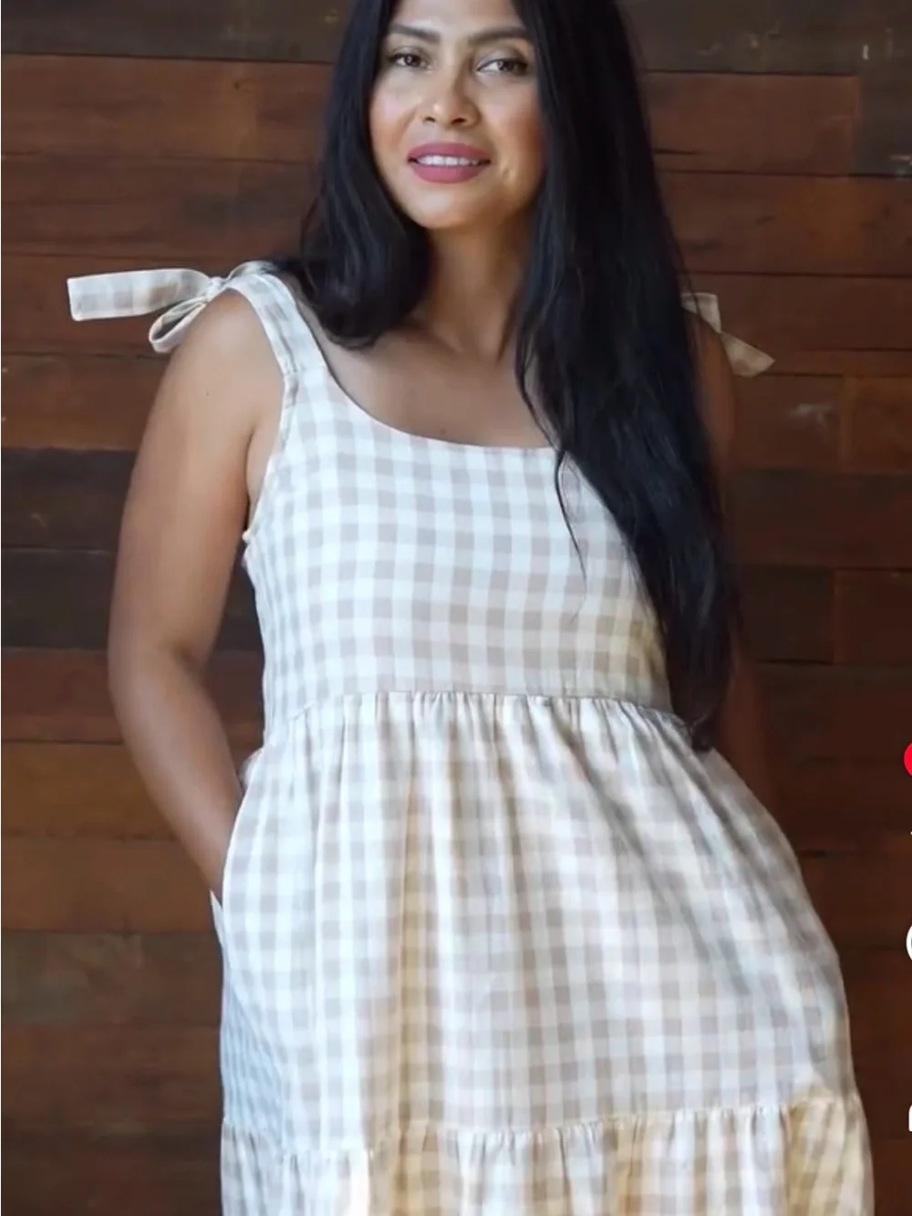 Little Cottonwood Tie-Shoulder Gingham Midi Dress in Beige and White